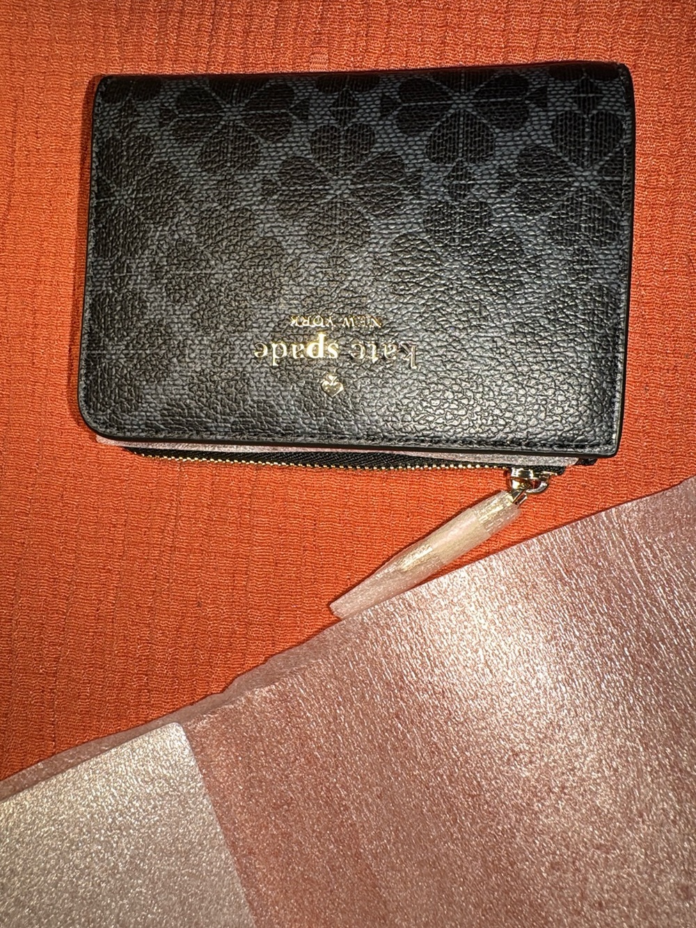 kate spade black zip wallet with floral motif